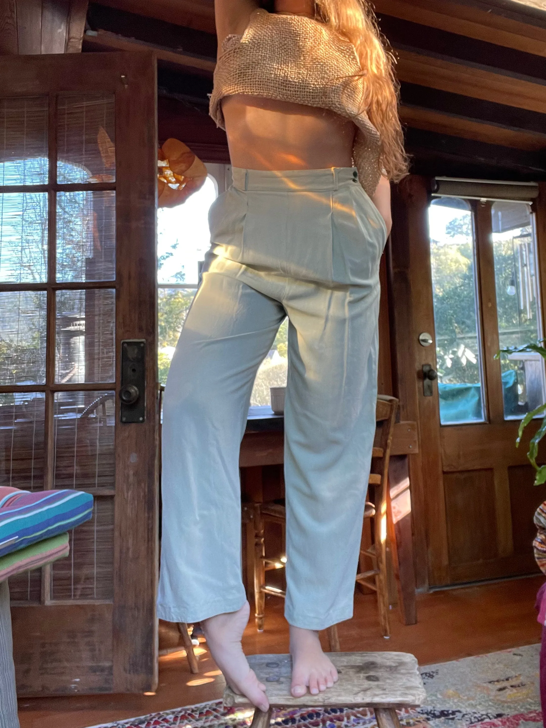 1940s Pale Seafoam Green Side Button 'Hobby Togs Hollywood Sportswear' Gabardine Trousers