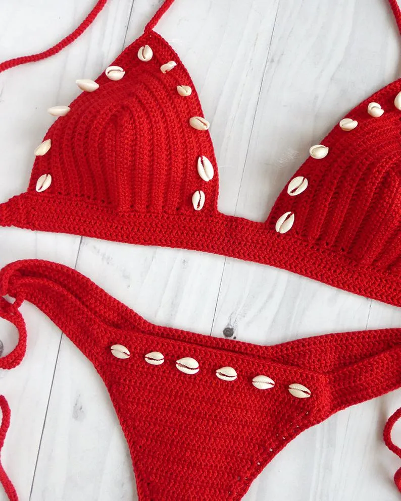 Acerola Sea Shell High Cut Thong Crochet Bathing Suit