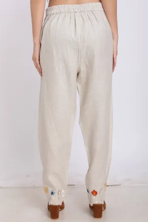 Beige Embroidered Pleated Pants