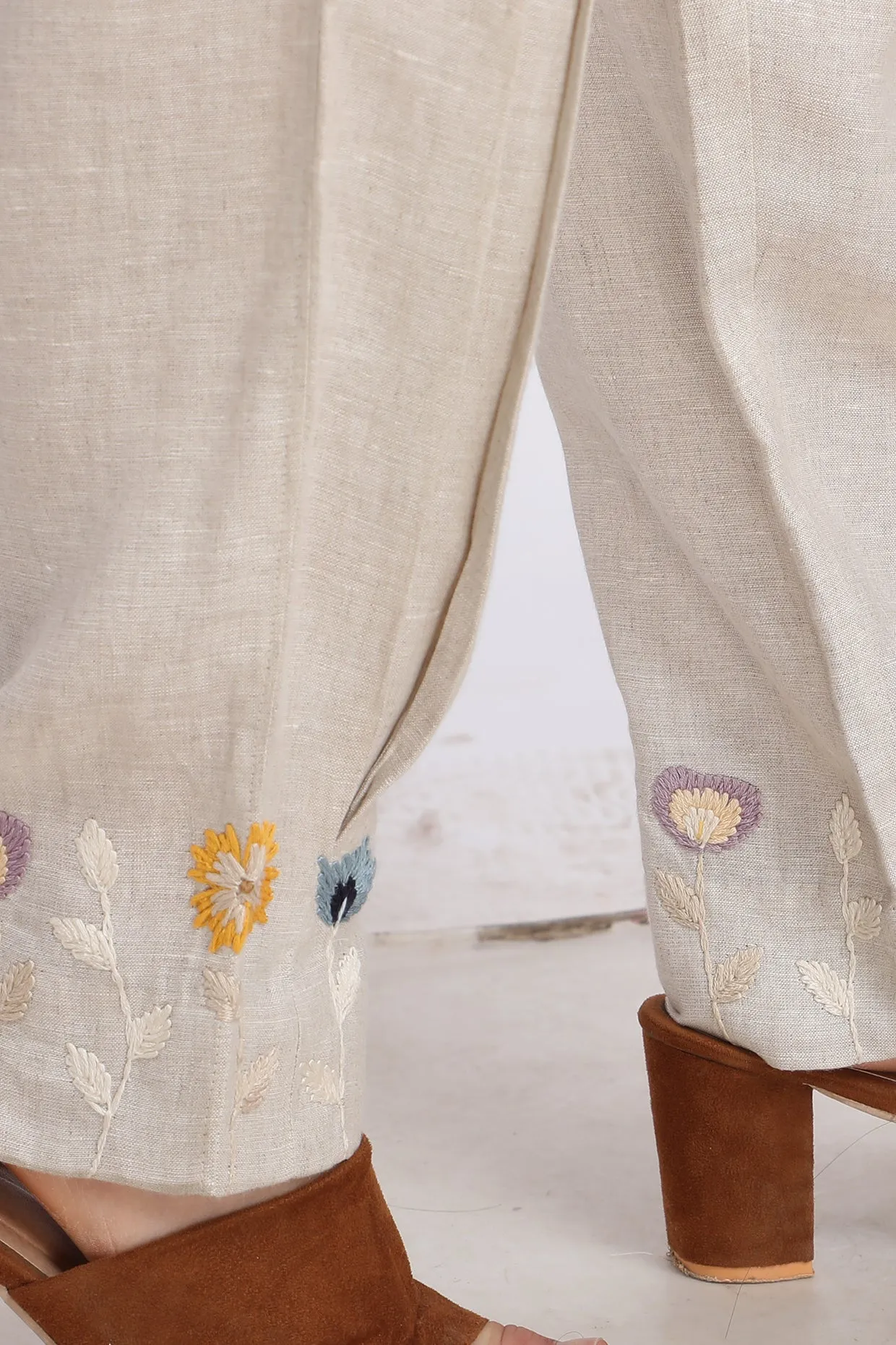 Beige Embroidered Pleated Pants
