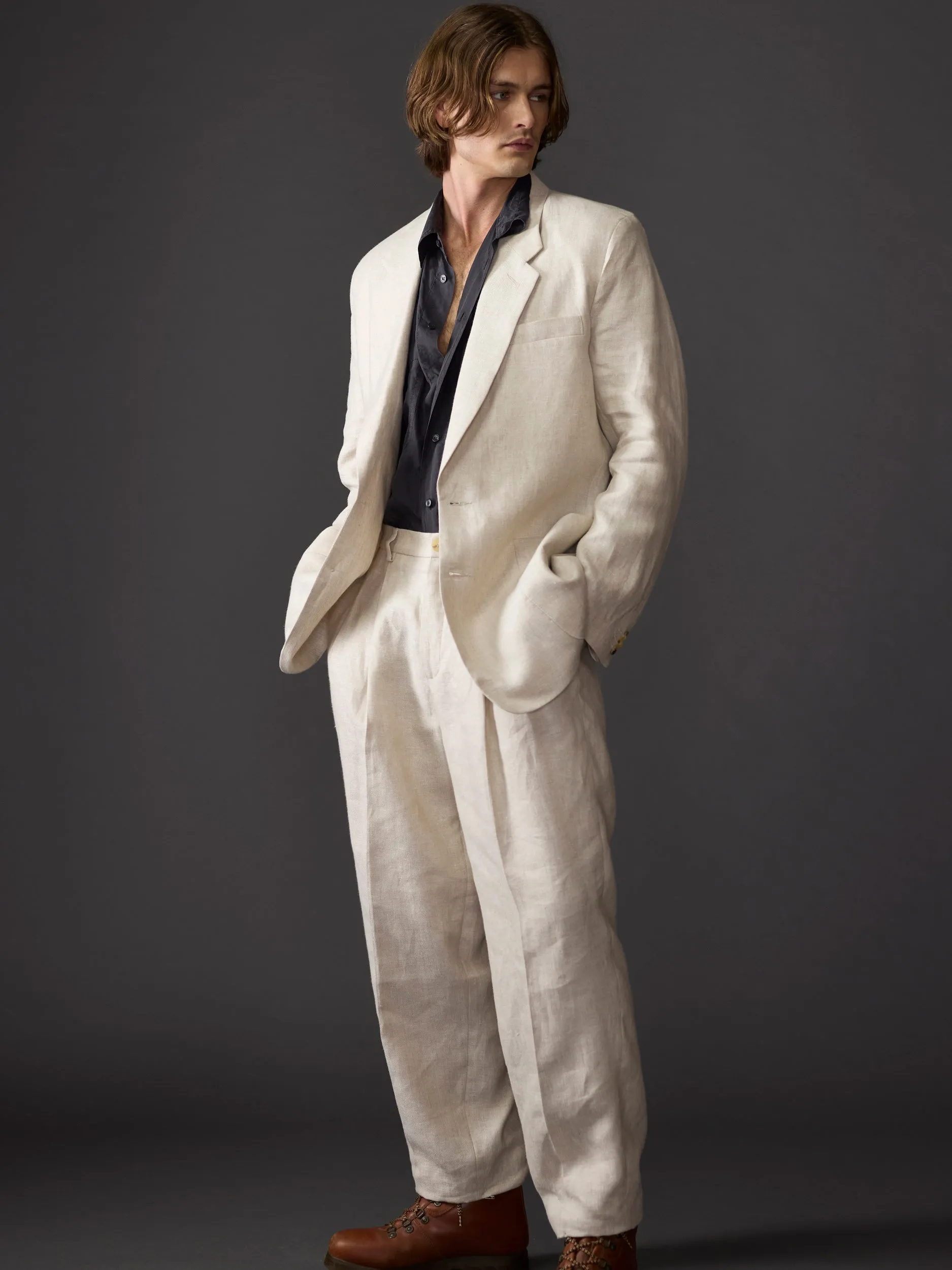 Beige Lamont Pleated Straight Leg Linen Trousers