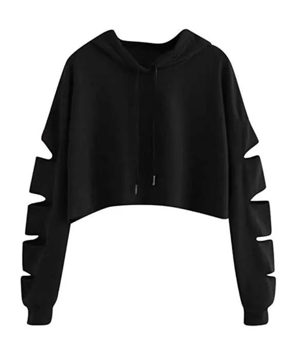 BLACK DAMAGE CROPPED HOODIE FOR womens