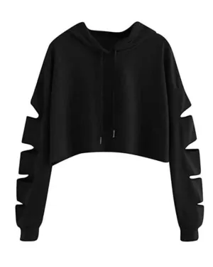 BLACK DAMAGE CROPPED HOODIE FOR womens