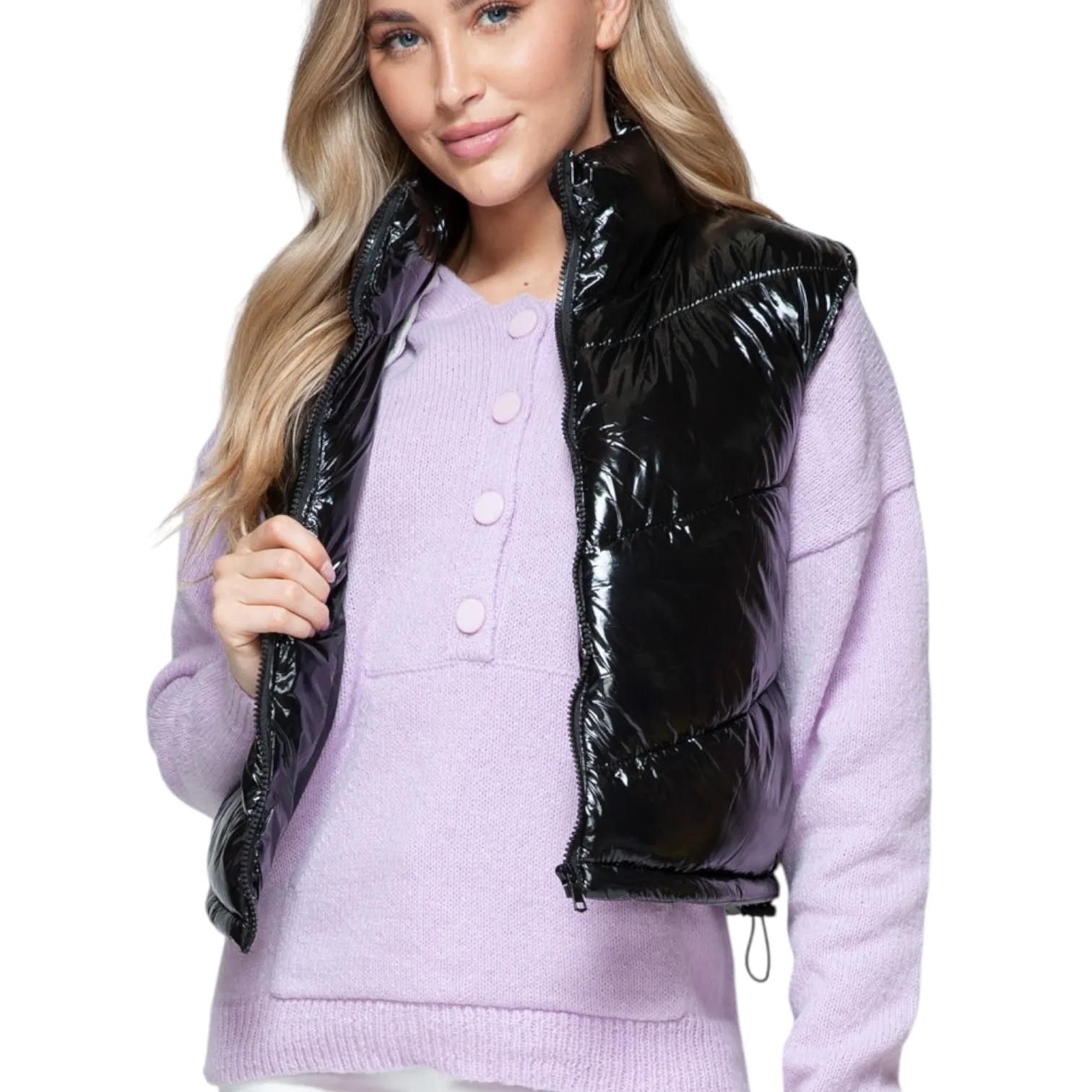 Black Glossy Shiny Quilted Puffer Vest