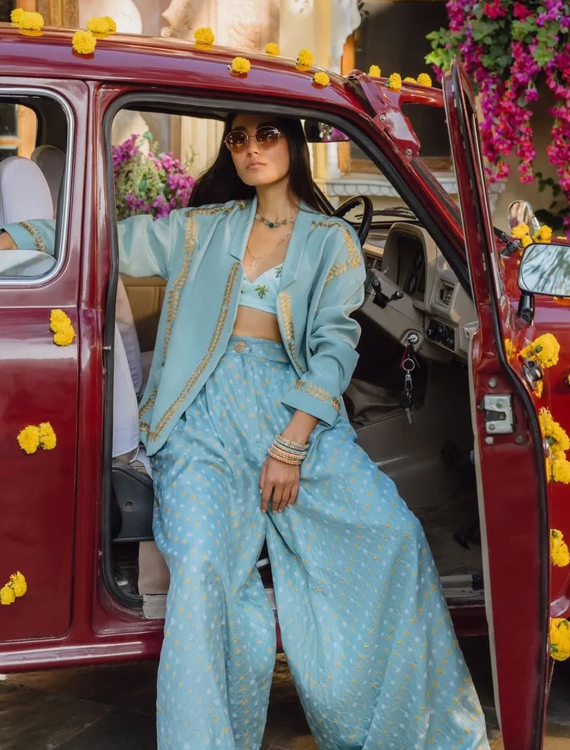 Blue bralette, bandhani trousers and jacket