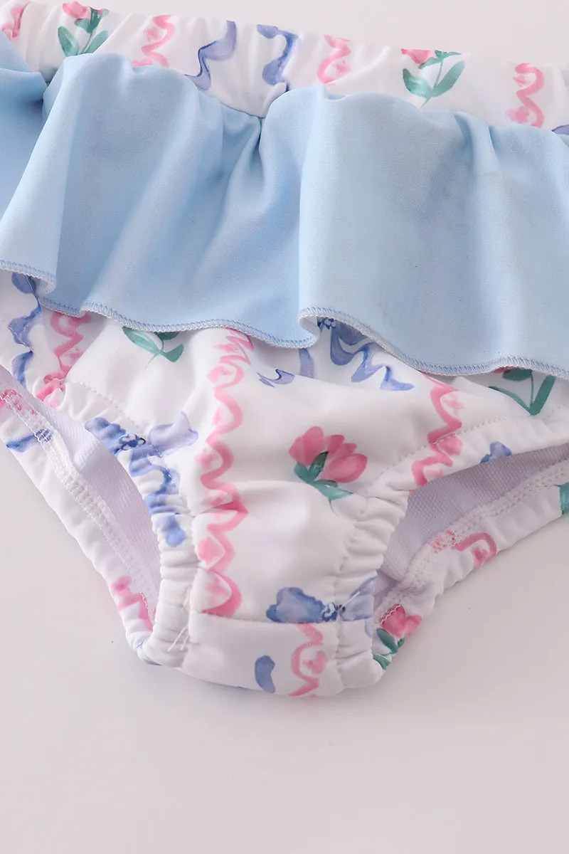 Blue floral bow rashguard 2pc swimsuit UPF50 
