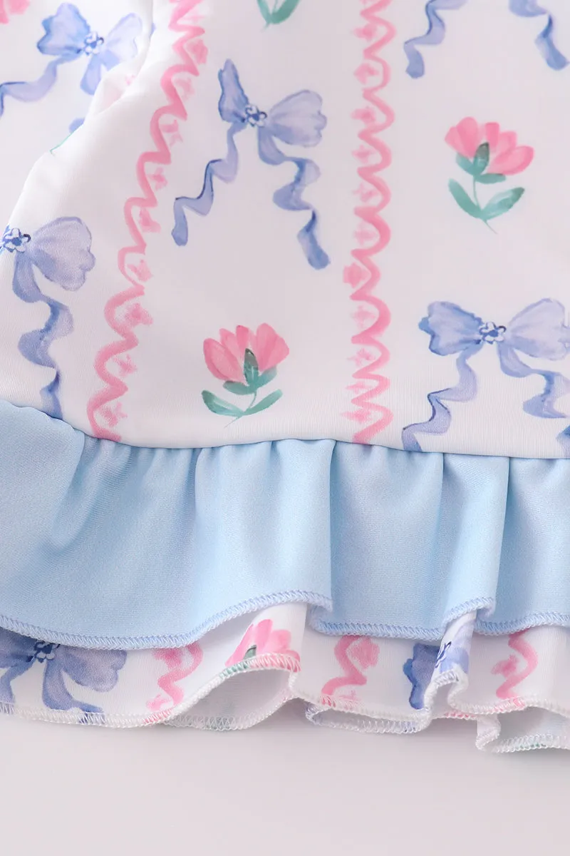 Blue floral bow rashguard 2pc swimsuit UPF50 
