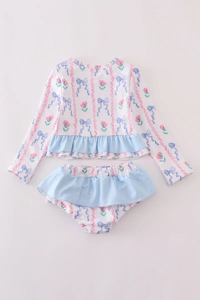 Blue floral bow rashguard 2pc swimsuit UPF50 