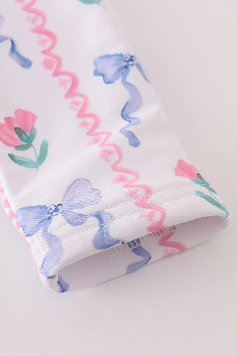 Blue floral bow rashguard 2pc swimsuit UPF50 