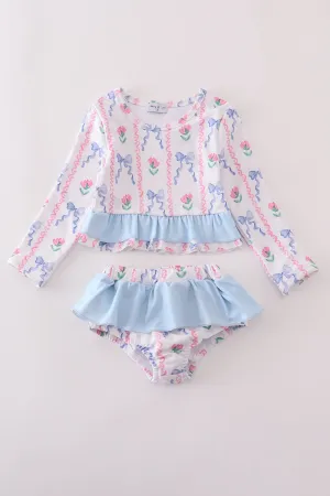 Blue floral bow rashguard 2pc swimsuit UPF50 
