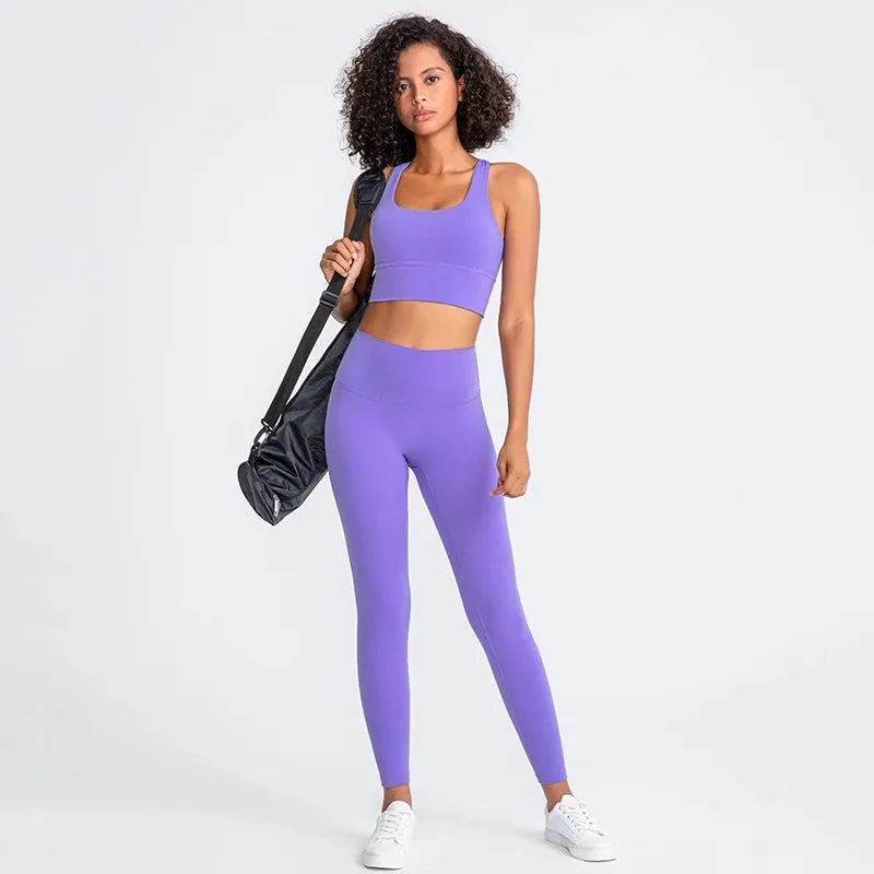 Brushed Naked Feel Yoga Set for Women - 2 Piece High Waist Gym Leggings and Padded Sports Bra