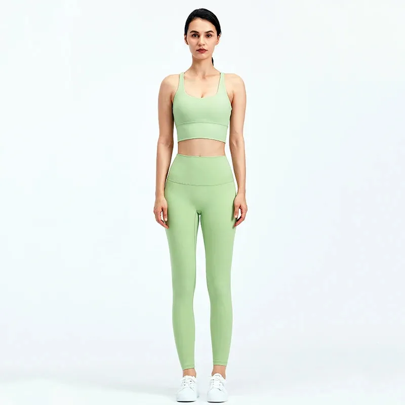 Brushed Naked Feel Yoga Set for Women - 2 Piece High Waist Gym Leggings and Padded Sports Bra