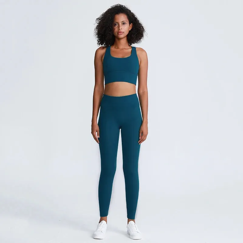Brushed Naked Feel Yoga Set for Women - 2 Piece High Waist Gym Leggings and Padded Sports Bra
