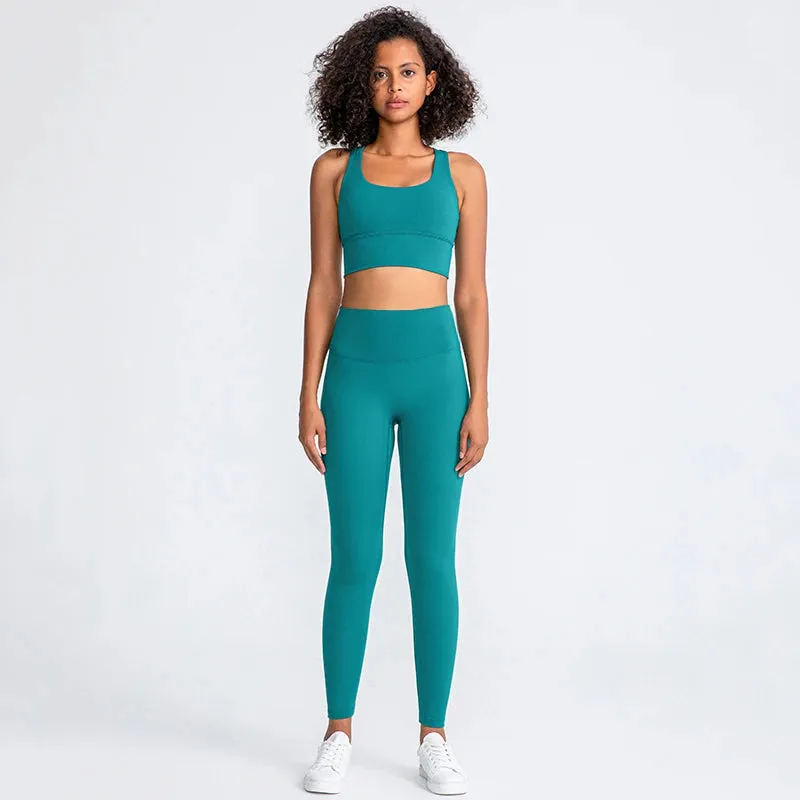 Brushed Naked Feel Yoga Set for Women - 2 Piece High Waist Gym Leggings and Padded Sports Bra