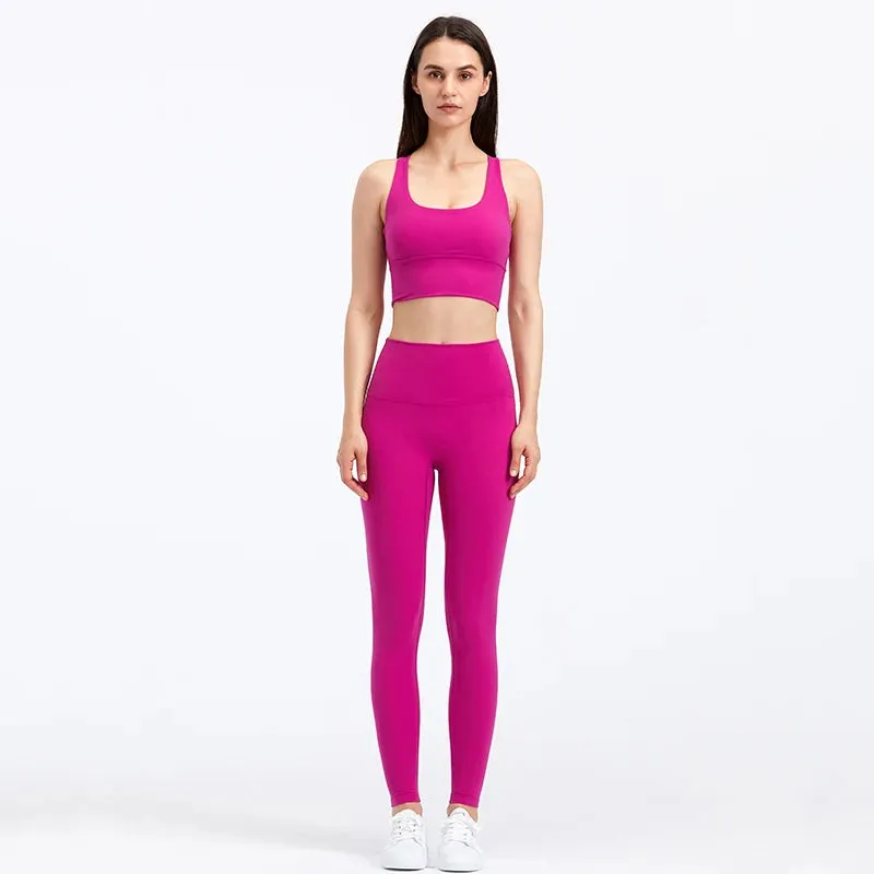 Brushed Naked Feel Yoga Set for Women - 2 Piece High Waist Gym Leggings and Padded Sports Bra