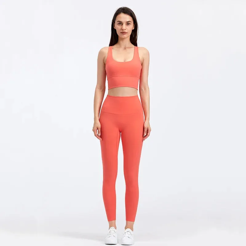 Brushed Naked Feel Yoga Set for Women - 2 Piece High Waist Gym Leggings and Padded Sports Bra