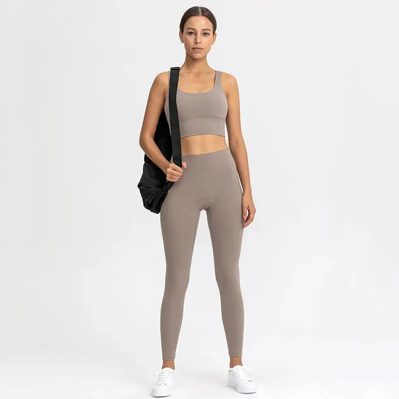 Brushed Naked Feel Yoga Set for Women - 2 Piece High Waist Gym Leggings and Padded Sports Bra