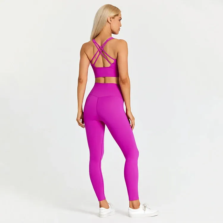 Brushed Naked Feel Yoga Set for Women - 2 Piece High Waist Gym Leggings and Padded Sports Bra