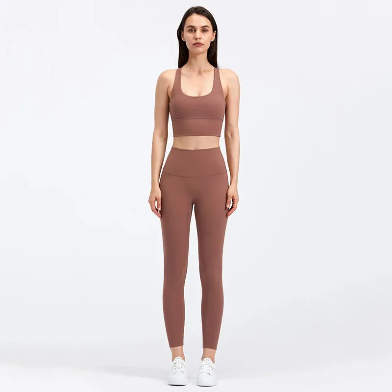Brushed Naked Feel Yoga Set for Women - 2 Piece High Waist Gym Leggings and Padded Sports Bra
