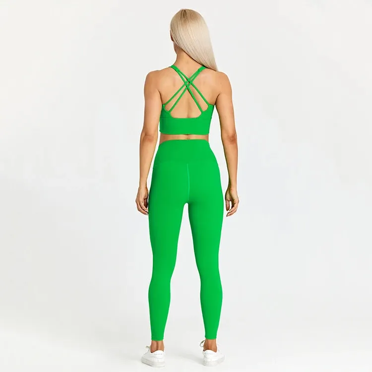 Brushed Naked Feel Yoga Set for Women - 2 Piece High Waist Gym Leggings and Padded Sports Bra