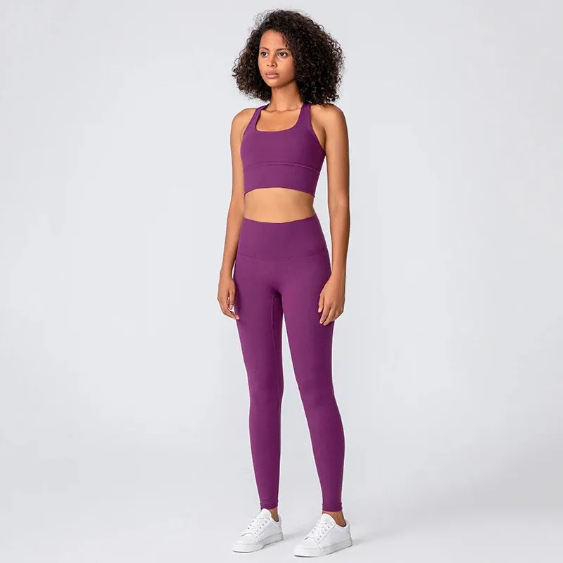 Brushed Naked Feel Yoga Set for Women - 2 Piece High Waist Gym Leggings and Padded Sports Bra