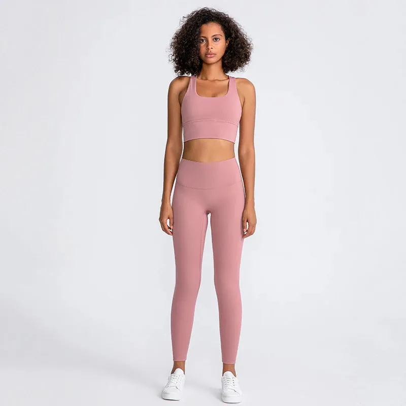 Brushed Naked Feel Yoga Set for Women - 2 Piece High Waist Gym Leggings and Padded Sports Bra