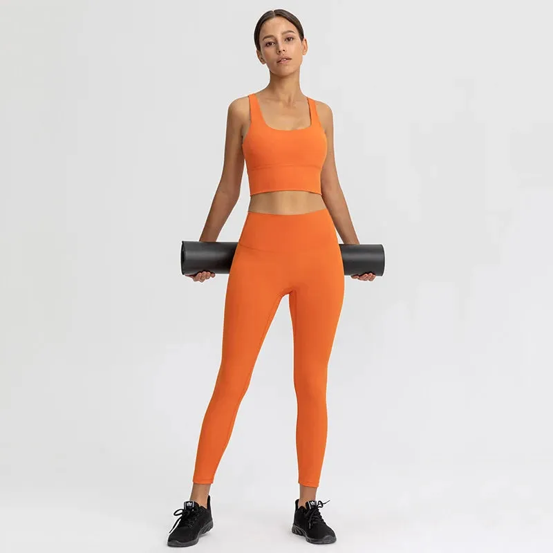 Brushed Naked Feel Yoga Set for Women - 2 Piece High Waist Gym Leggings and Padded Sports Bra
