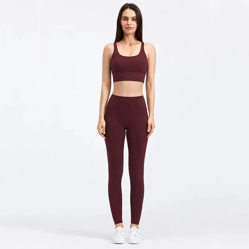 Brushed Naked Feel Yoga Set for Women - 2 Piece High Waist Gym Leggings and Padded Sports Bra