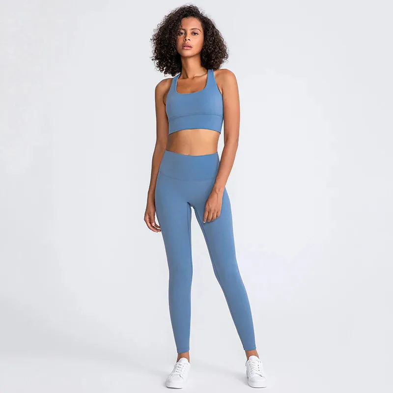 Brushed Naked Feel Yoga Set for Women - 2 Piece High Waist Gym Leggings and Padded Sports Bra