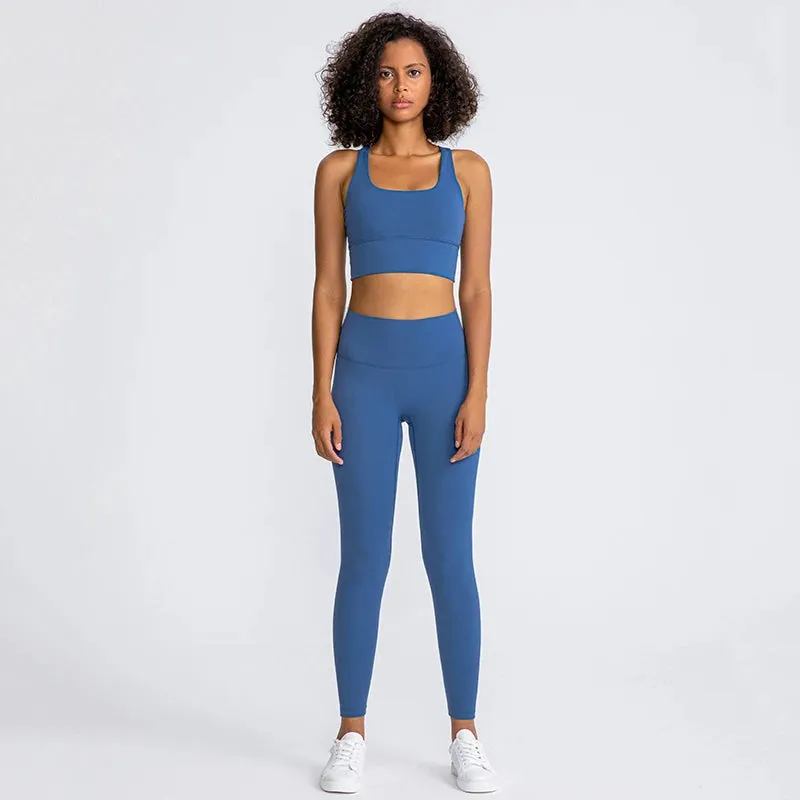 Brushed Naked Feel Yoga Set for Women - 2 Piece High Waist Gym Leggings and Padded Sports Bra