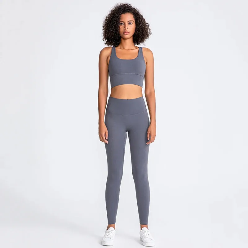 Brushed Naked Feel Yoga Set for Women - 2 Piece High Waist Gym Leggings and Padded Sports Bra