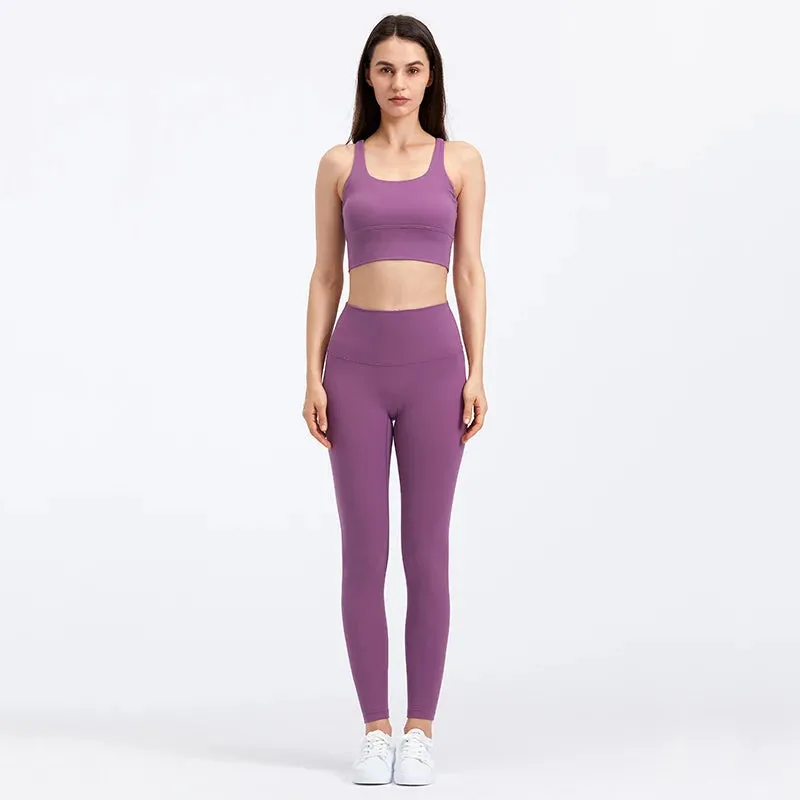 Brushed Naked Feel Yoga Set for Women - 2 Piece High Waist Gym Leggings and Padded Sports Bra