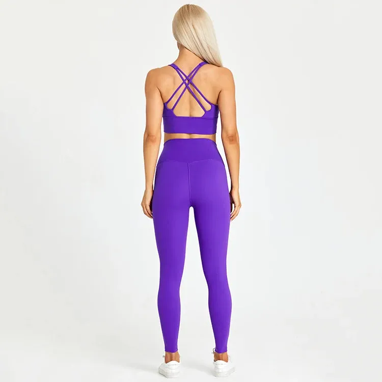 Brushed Naked Feel Yoga Set for Women - 2 Piece High Waist Gym Leggings and Padded Sports Bra