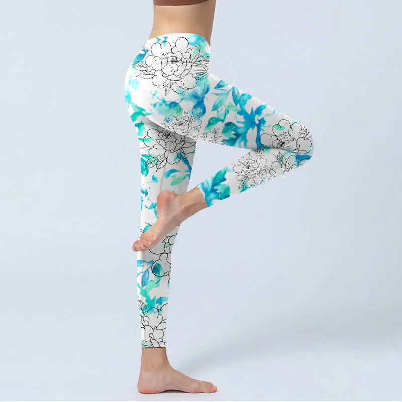 Buddha Stones Blue Watercolor Peony Flowers Lines Pattern Print Gym Leggings Women's Yoga Pants