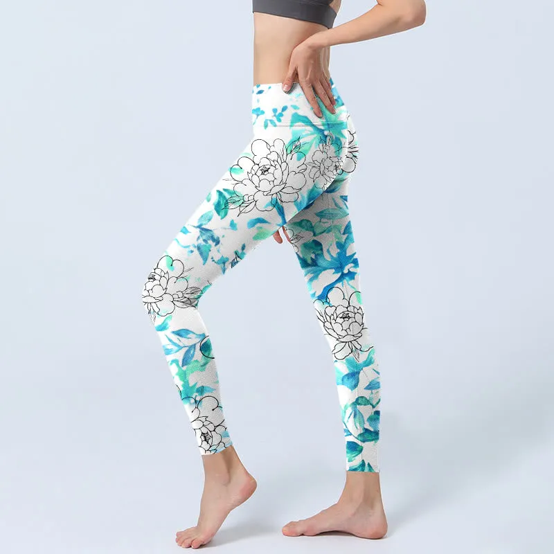 Buddha Stones Blue Watercolor Peony Flowers Lines Pattern Print Gym Leggings Women's Yoga Pants