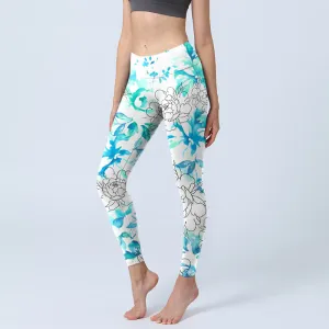 Buddha Stones Blue Watercolor Peony Flowers Lines Pattern Print Gym Leggings Women's Yoga Pants