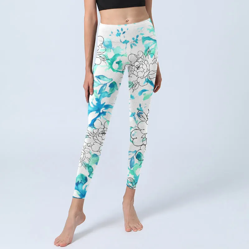 Buddha Stones Blue Watercolor Peony Flowers Lines Pattern Print Gym Leggings Women's Yoga Pants