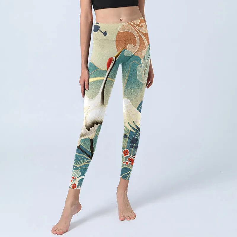 Buddha Stones Cranes Plum Blossoms Mountains Print Gym Leggings Women's Yoga Pants