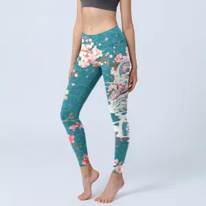 Buddha Stones Dragon Cherry Blossoms Print Gym Leggings Women's Yoga Pants