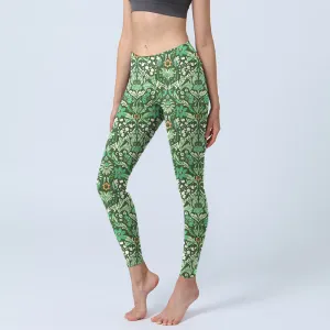 Buddha Stones Green Stitching Symmetrical Flower Leaf Pattern Print Gym Leggings Women's Yoga Pants