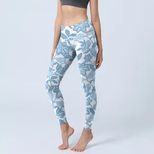 Buddha Stones Pale Blue Flowers Leaves Print Sports Fitness Leggings Women's Yoga Pants