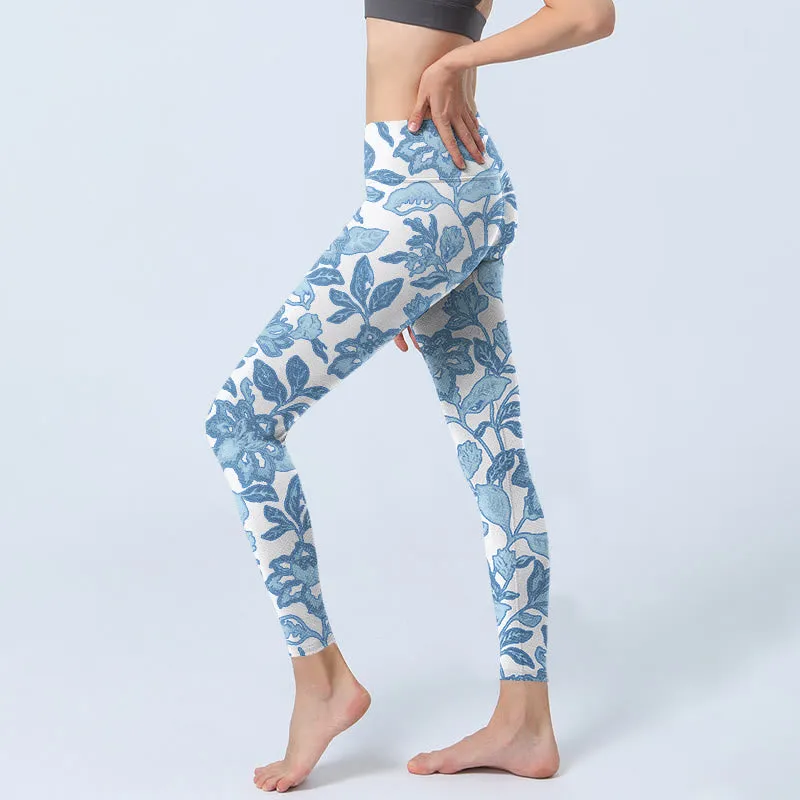 Buddha Stones Pale Blue Flowers Leaves Print Sports Fitness Leggings Women's Yoga Pants