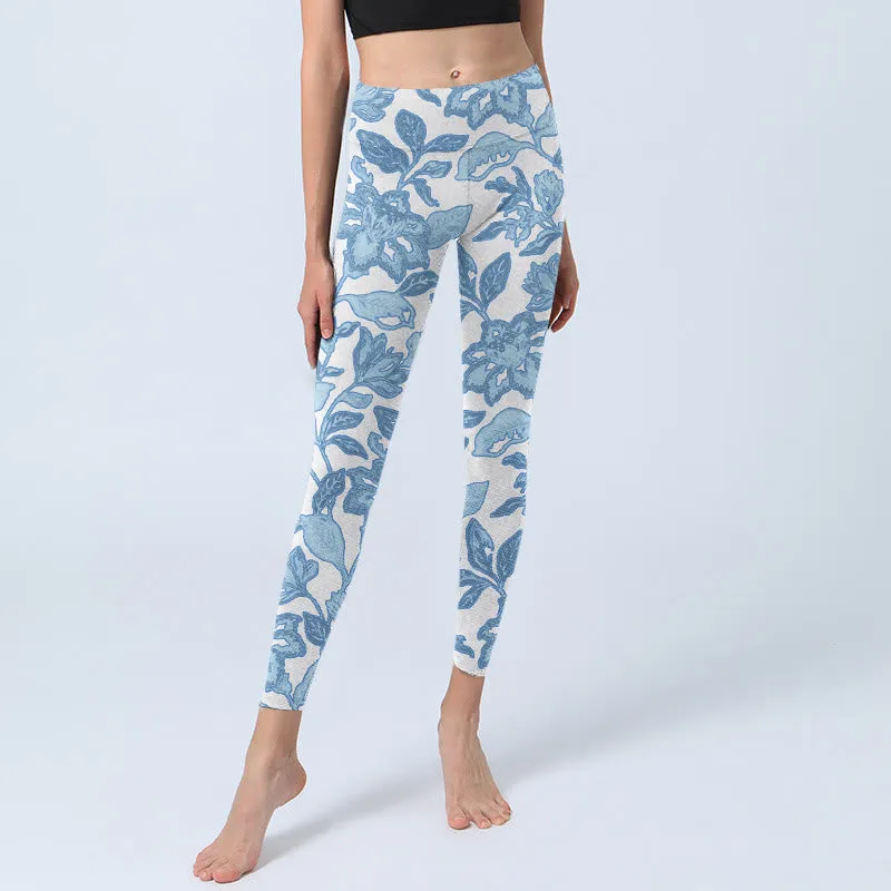 Buddha Stones Pale Blue Flowers Leaves Print Sports Fitness Leggings Women's Yoga Pants