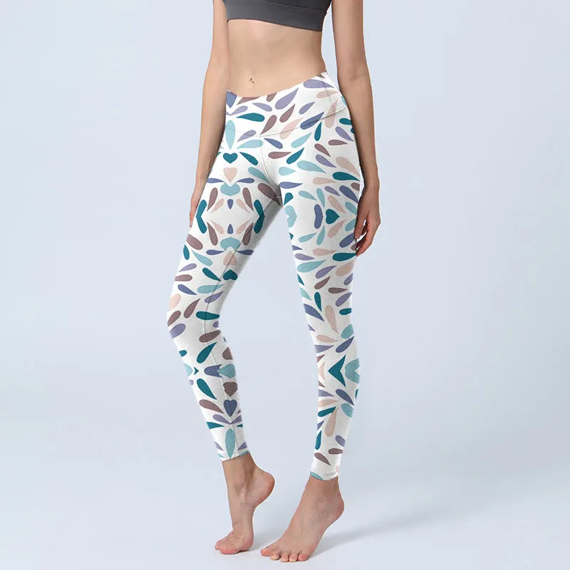 Buddha Stones White Multi Color Block Print Gym Leggings Women's Yoga Pants