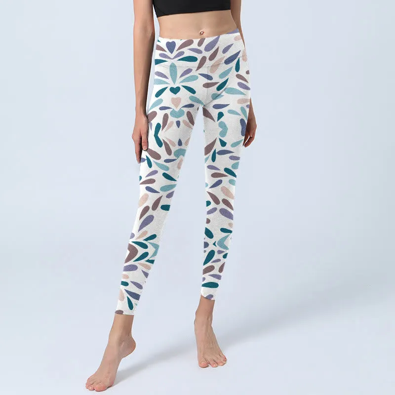 Buddha Stones White Multi Color Block Print Gym Leggings Women's Yoga Pants