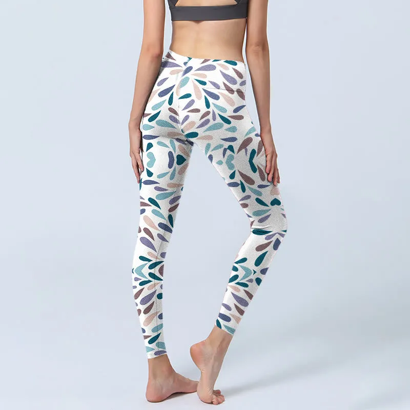 Buddha Stones White Multi Color Block Print Gym Leggings Women's Yoga Pants