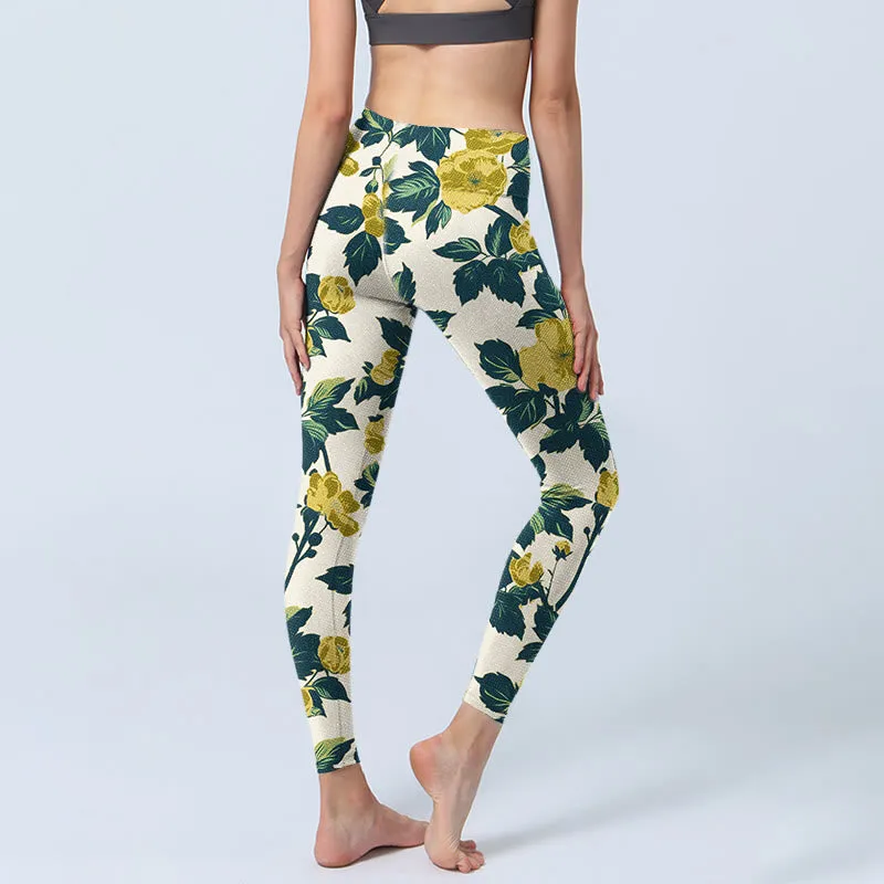 Buddha Stones Yellow Flowers Green Leaves Print Gym Fitness Leggings Women's Yoga Pants