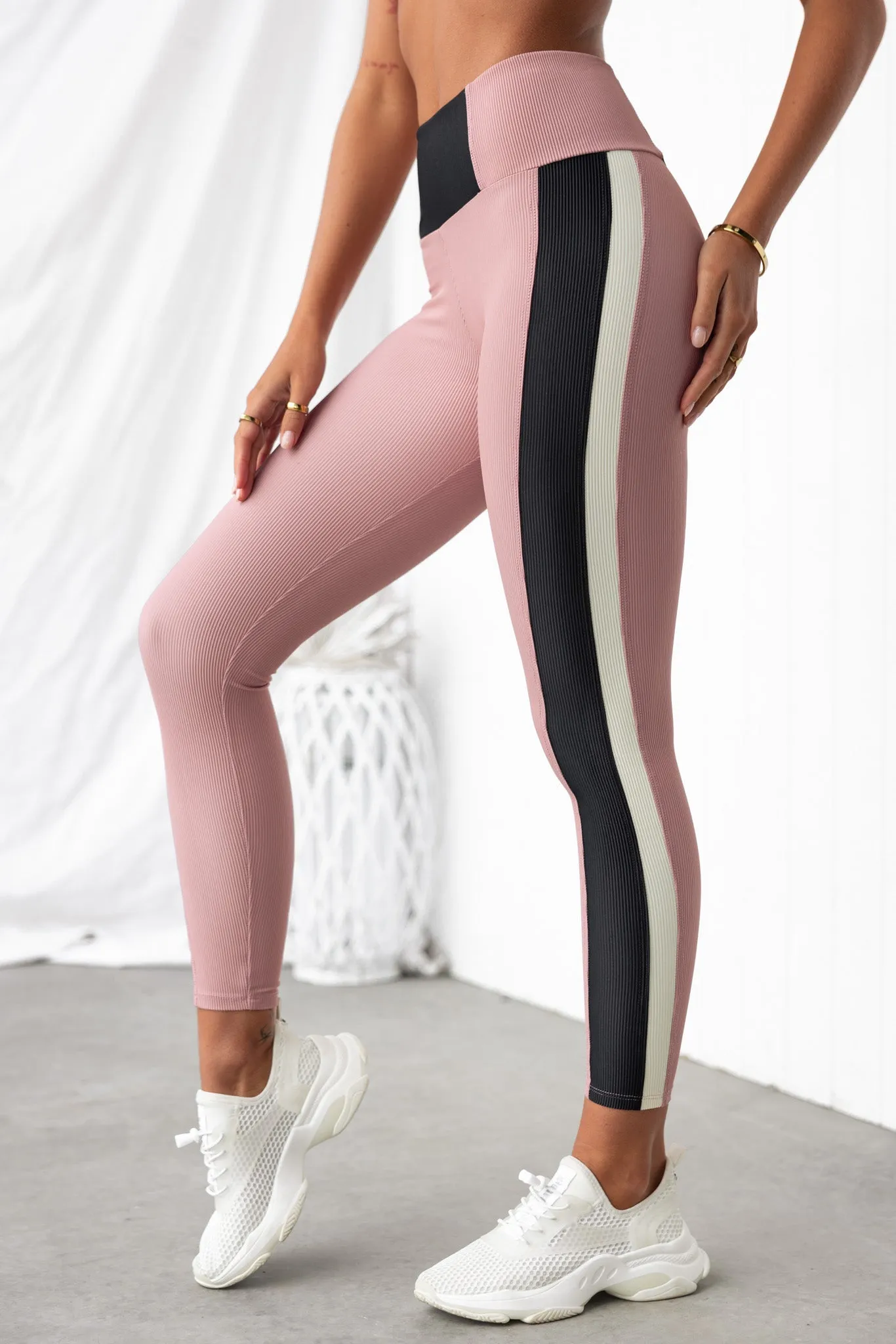 Colour Block Rib Leggings - Antique Rose/Black