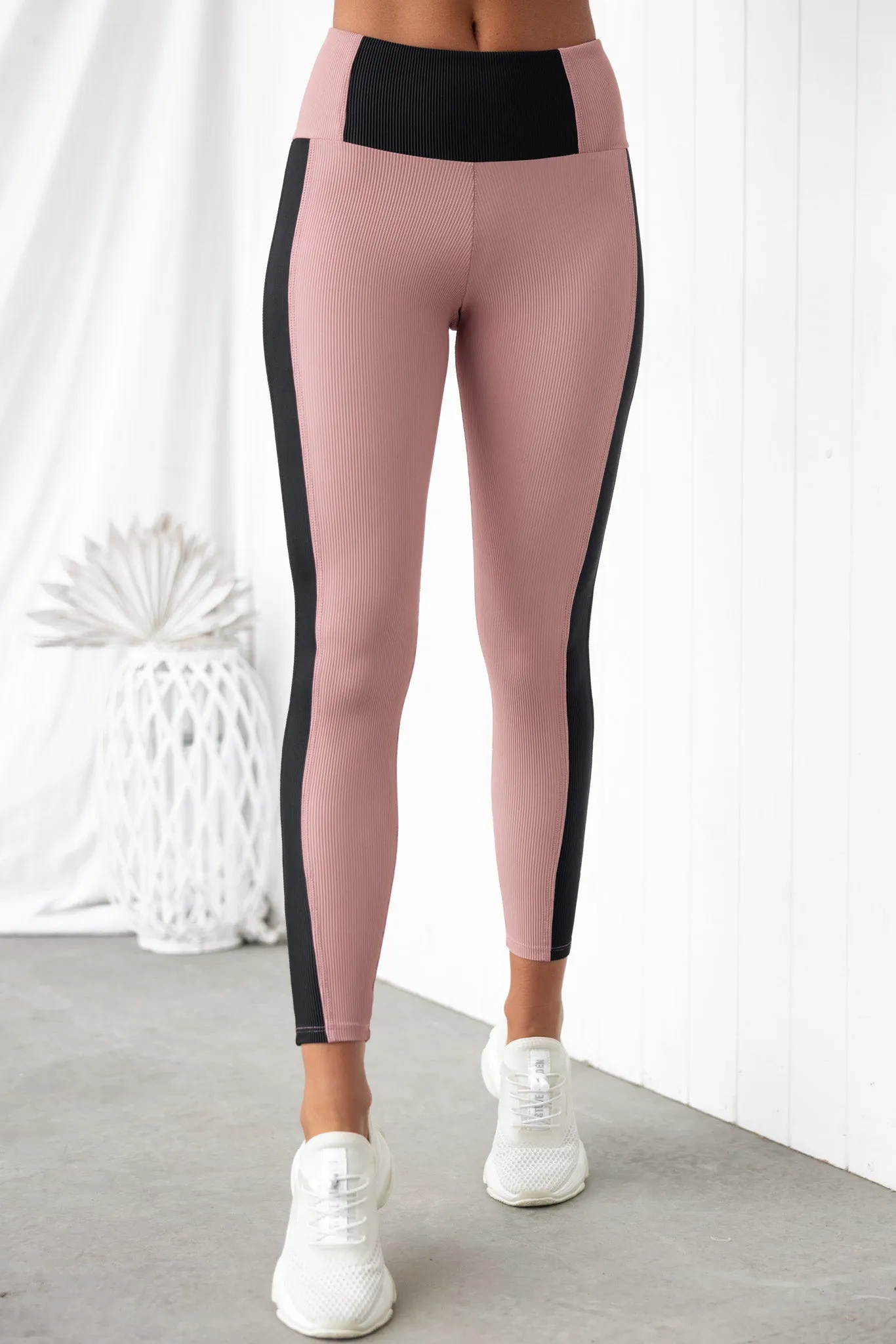 Colour Block Rib Leggings - Antique Rose/Black