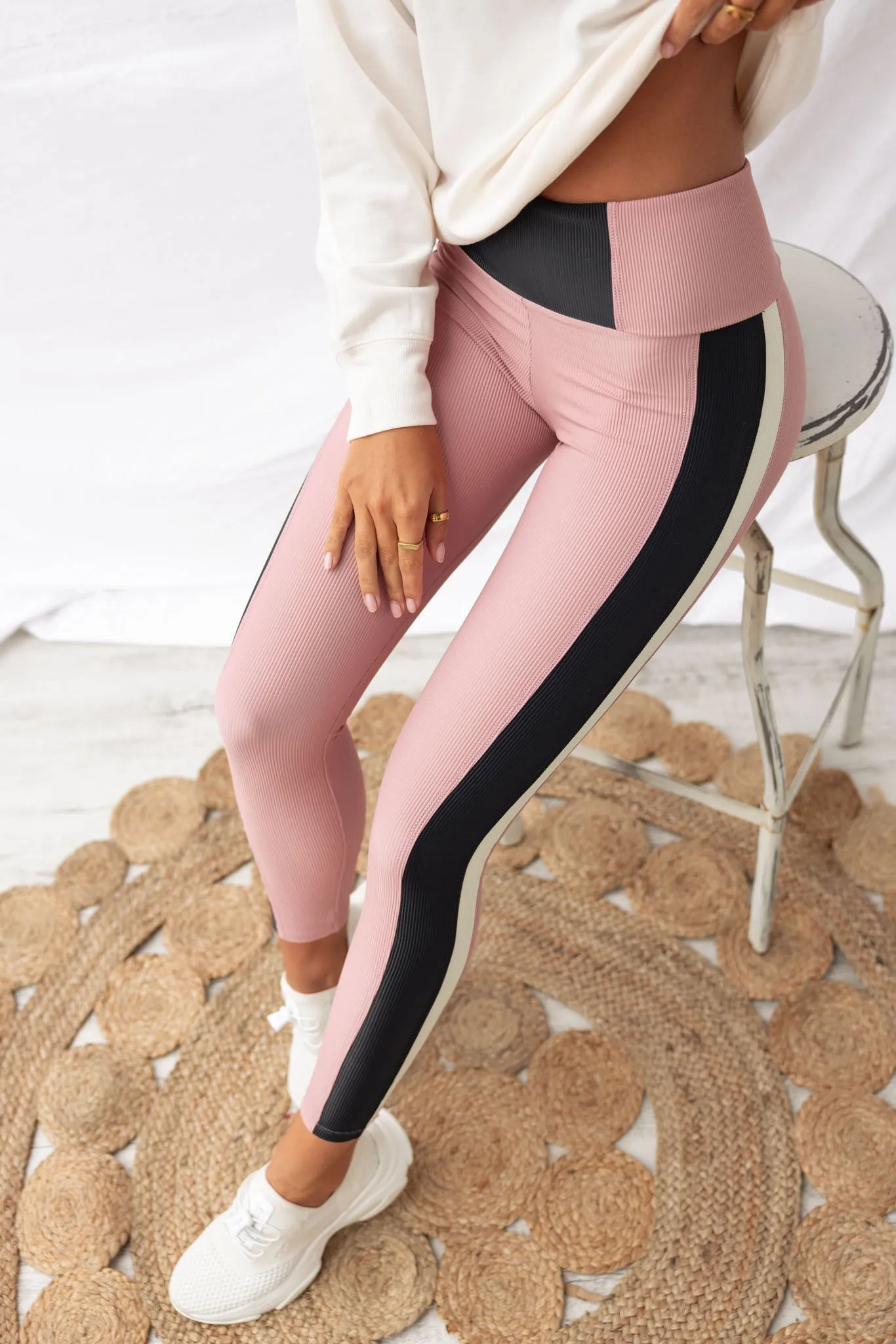 Colour Block Rib Leggings - Antique Rose/Black